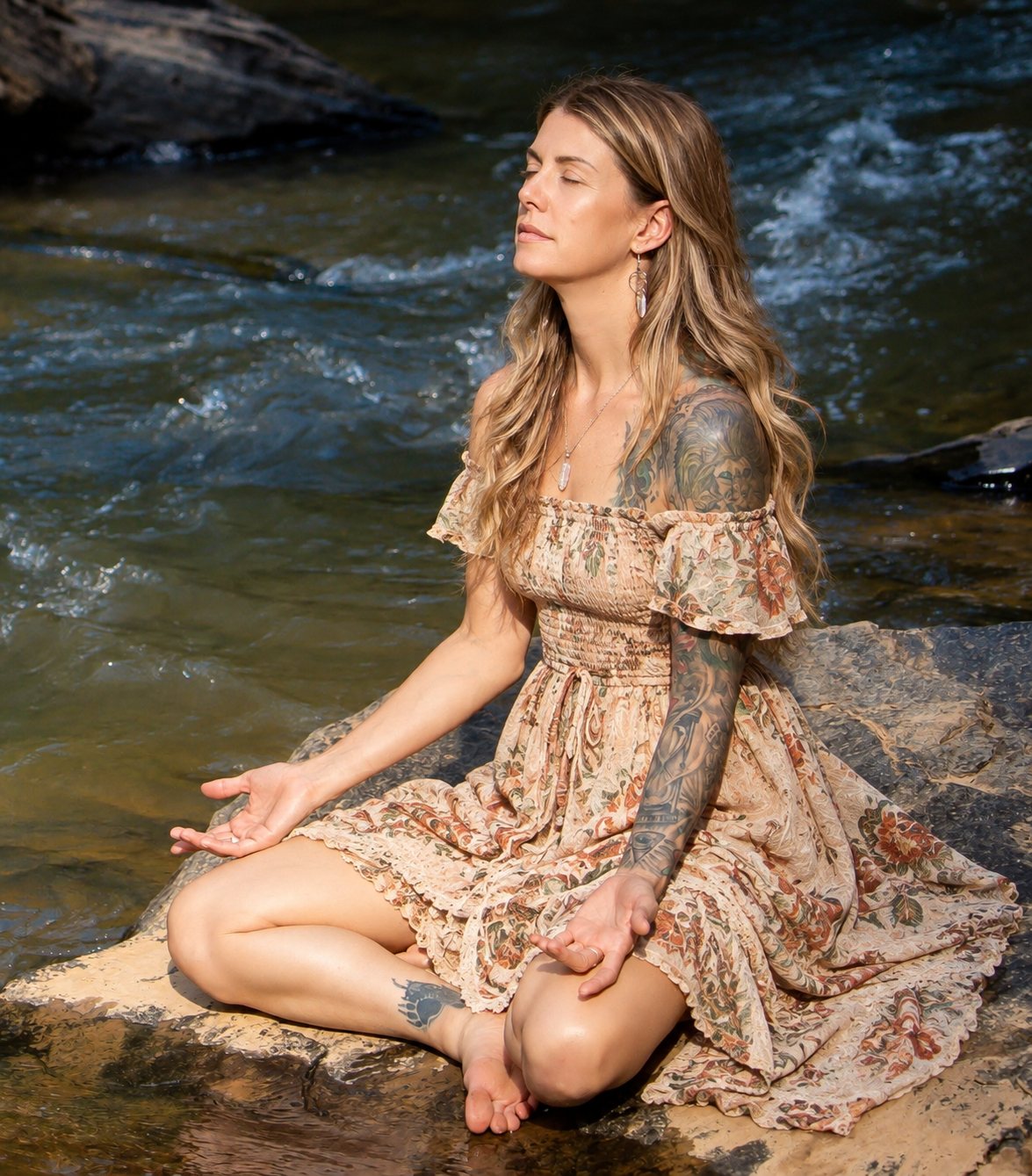 Staci Freed seated in quiet meditation beside a flowing river